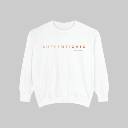 White AuthentiCHIC crewneck sweatshirt with orange typography and small CHTQ branding on the front.