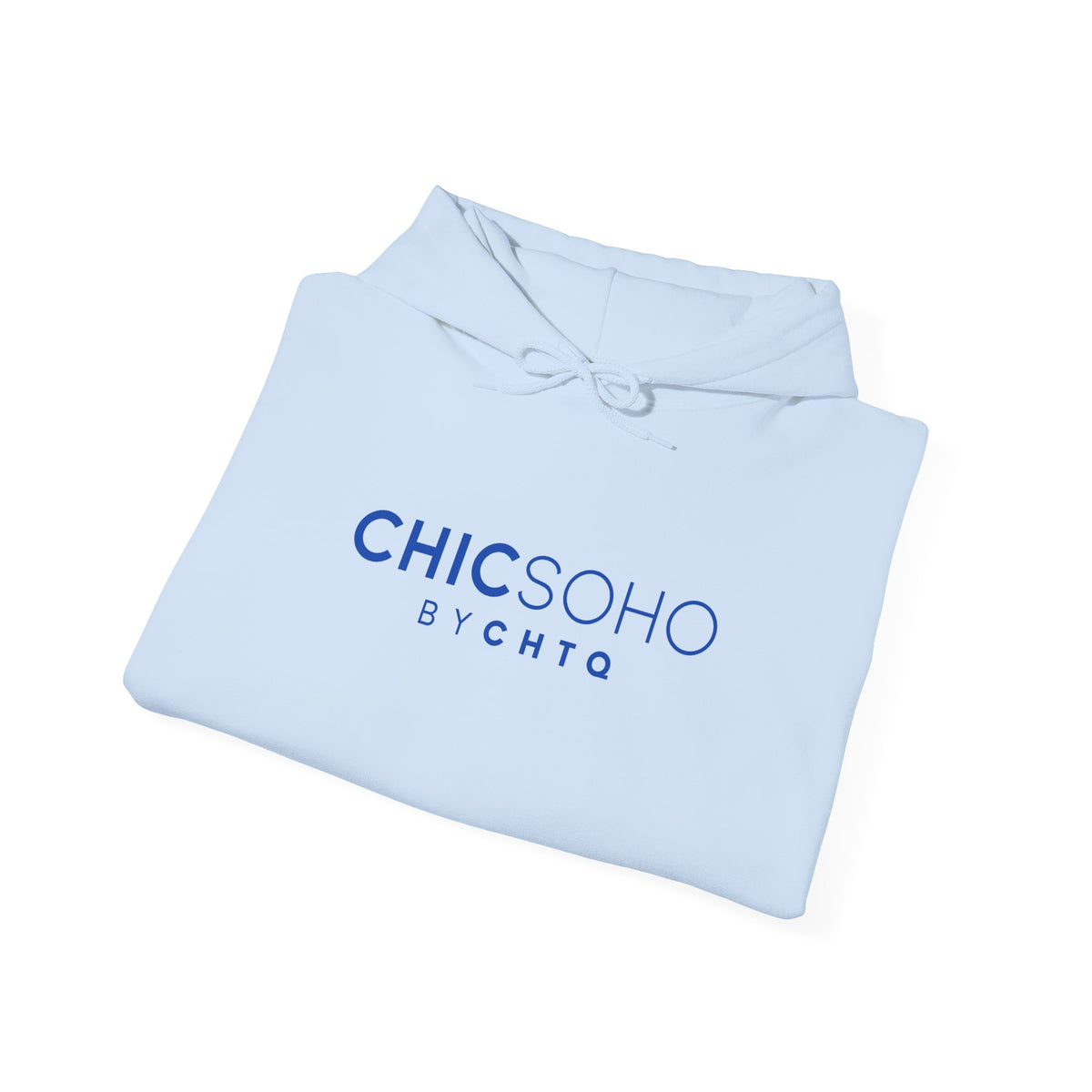 Light blue pullover hoodie with a blue CHICSOHO BY CHTQ logo printed on the chest, displayed on a clean white background.