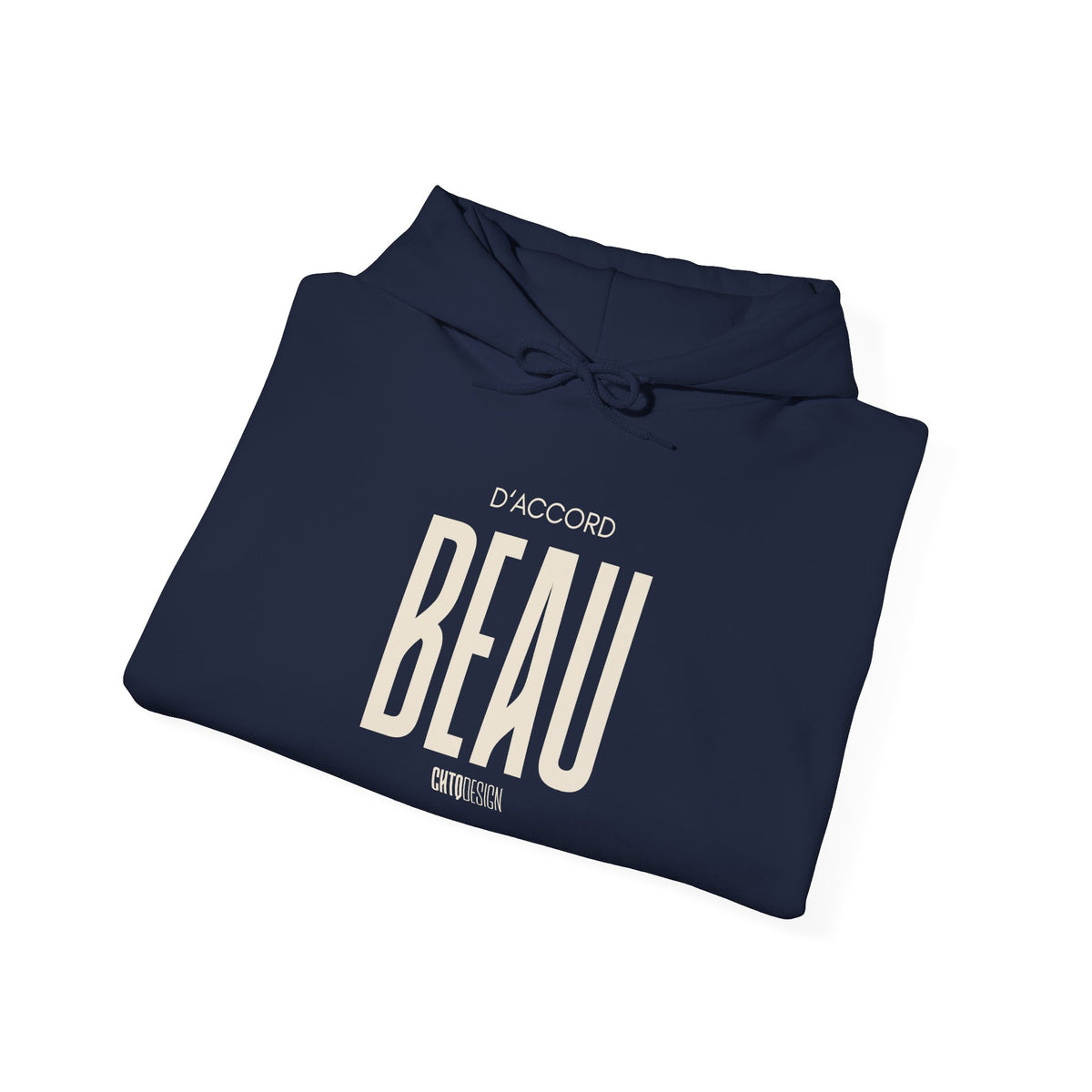 Folded navy blue D'Accord BEAU hoodie  on a white background