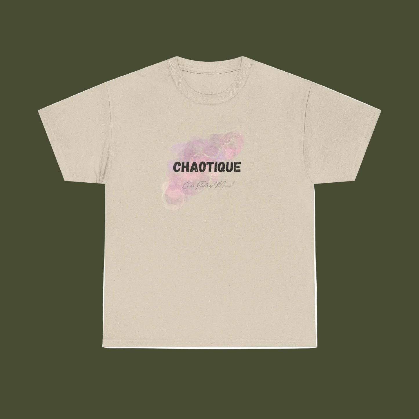 Beige t-shirt with 'CHAOTIQUE Chic state of mind' text and floral design on a white background