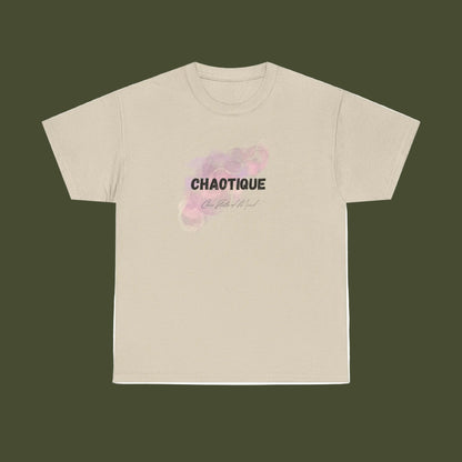 Beige t-shirt with 'CHAOTIQUE Chic state of mind' text and floral design on a white background