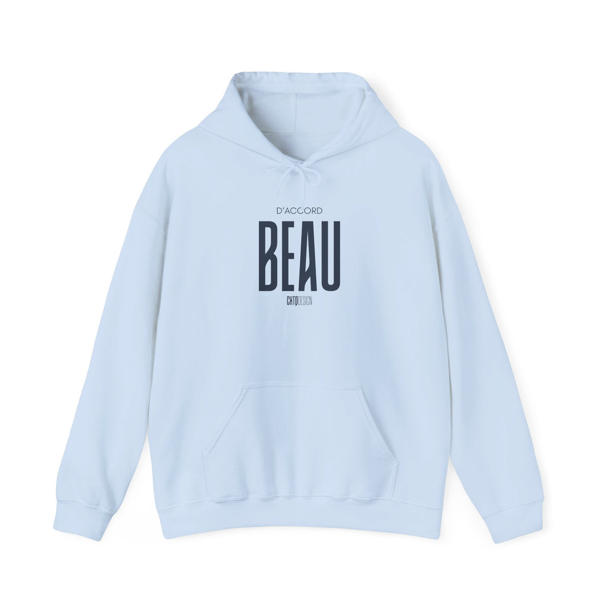 Light blue hoodie with 'D'ACCORD BEAU' logo on a white background