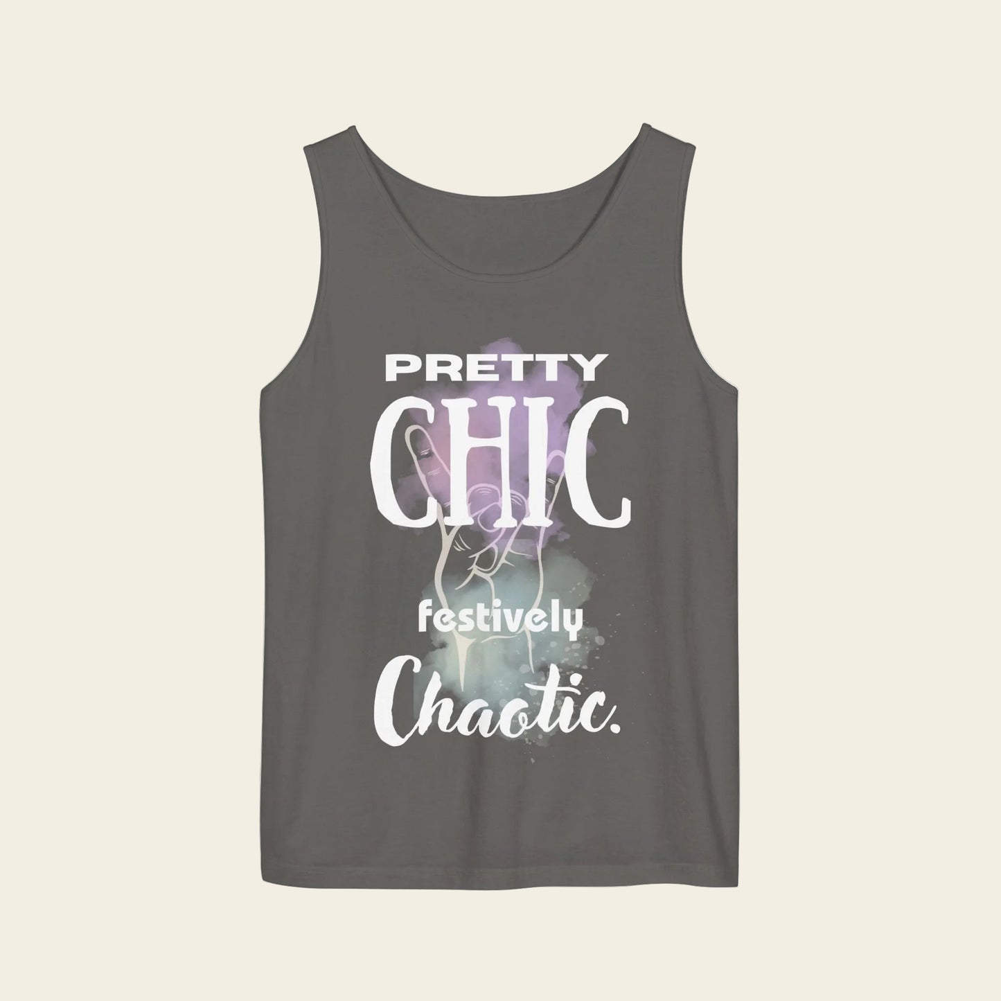 A dark gray sleeveless tank top with a graphic print on the front that reads 'PRETTY CHIC festively Chaotic.' in white text over a purple and white abstract background, shown on a plain white background.