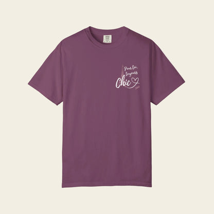 Red t-shirt with 'pour toi toulours chic' text and graphic on a white background