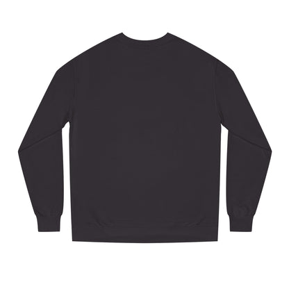 Backview of Dark D’Accord BEAU men's crewneck sweatshirt with dark navy typography and CHTQ Design logo on the front.