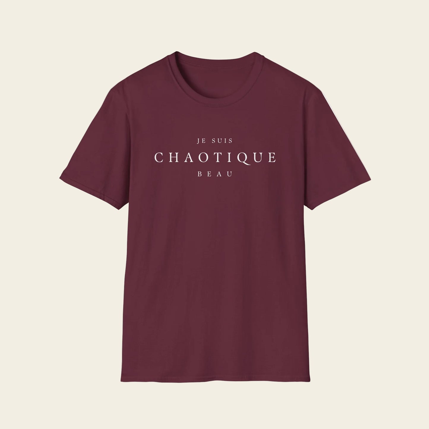Red t-shirt with colorful text on a white background