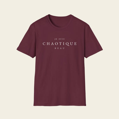 Red t-shirt with colorful text on a white background