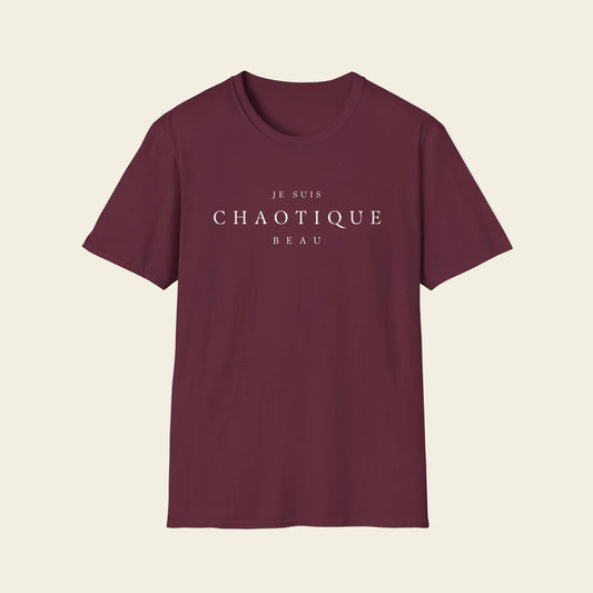Red t-shirt with colorful text on a white background