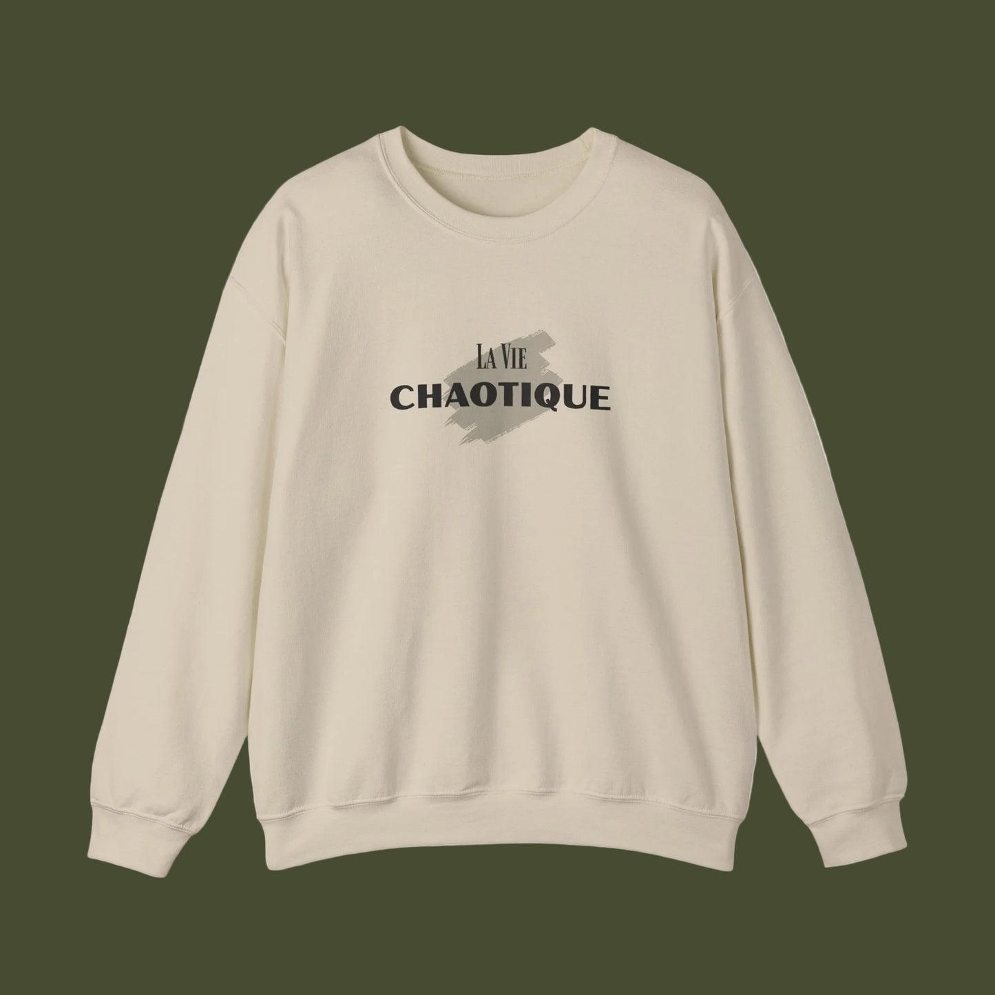 Beige sweatshirt with text design on a white background