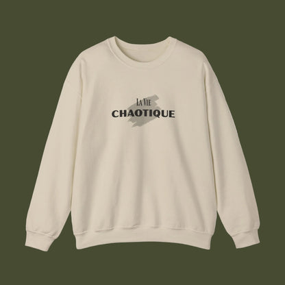 Beige sweatshirt with text design on a white background
