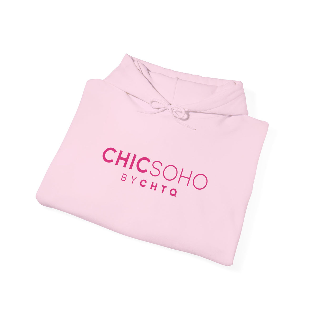 Light pink pullover hoodie with a pink CHICSOHO BY CHTQ logo printed on the chest, displayed on a clean white background.