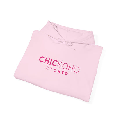 Light pink pullover hoodie with a pink CHICSOHO BY CHTQ logo printed on the chest, displayed on a clean white background.