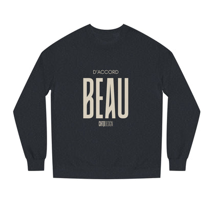 Navy blue D’Accord BEAU men's crewneck sweatshirt with dark navy typography and CHTQ Design logo on the front.