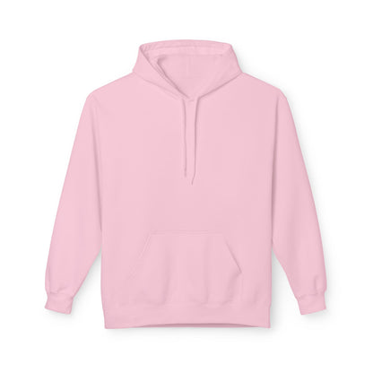Front view of A pink pullover hoodie shown from the back, featuring the words 'D'ACCORD CHIC' printed in white across the upper back.