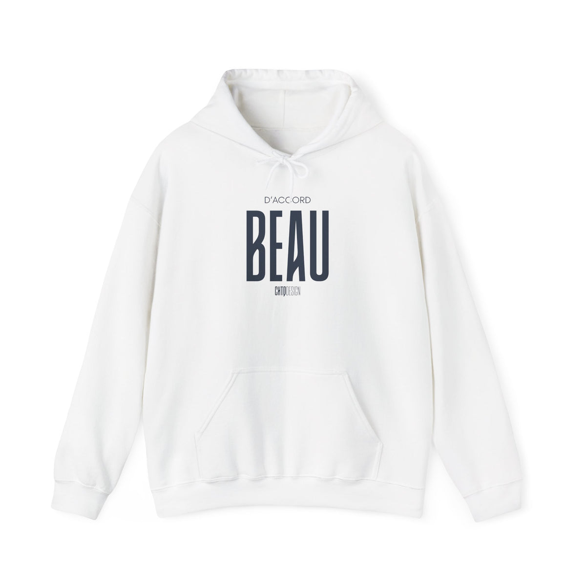 A white D'Accord BEAU pullover hoodie featuring a blue anime-style character graphic printed on the center chest, displayed against a solid white background.