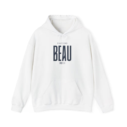 A white D'Accord BEAU pullover hoodie featuring a blue anime-style character graphic printed on the center chest, displayed against a solid white background.
