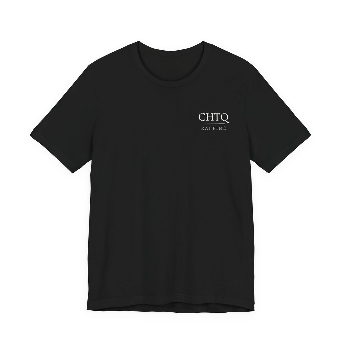 Black t-shirt with a white text CHTQ Raffine on the chest, on a white background