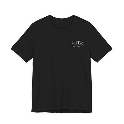 Black t-shirt with a white text CHTQ Raffine on the chest, on a white background