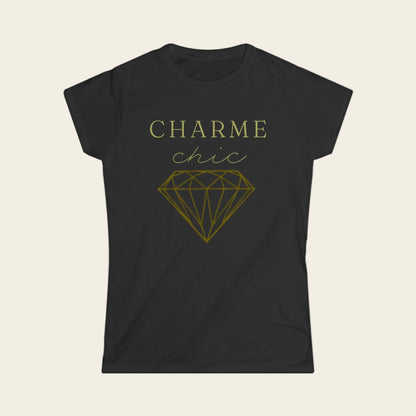 Black t-shirt with 'Charme Chic' text on a background