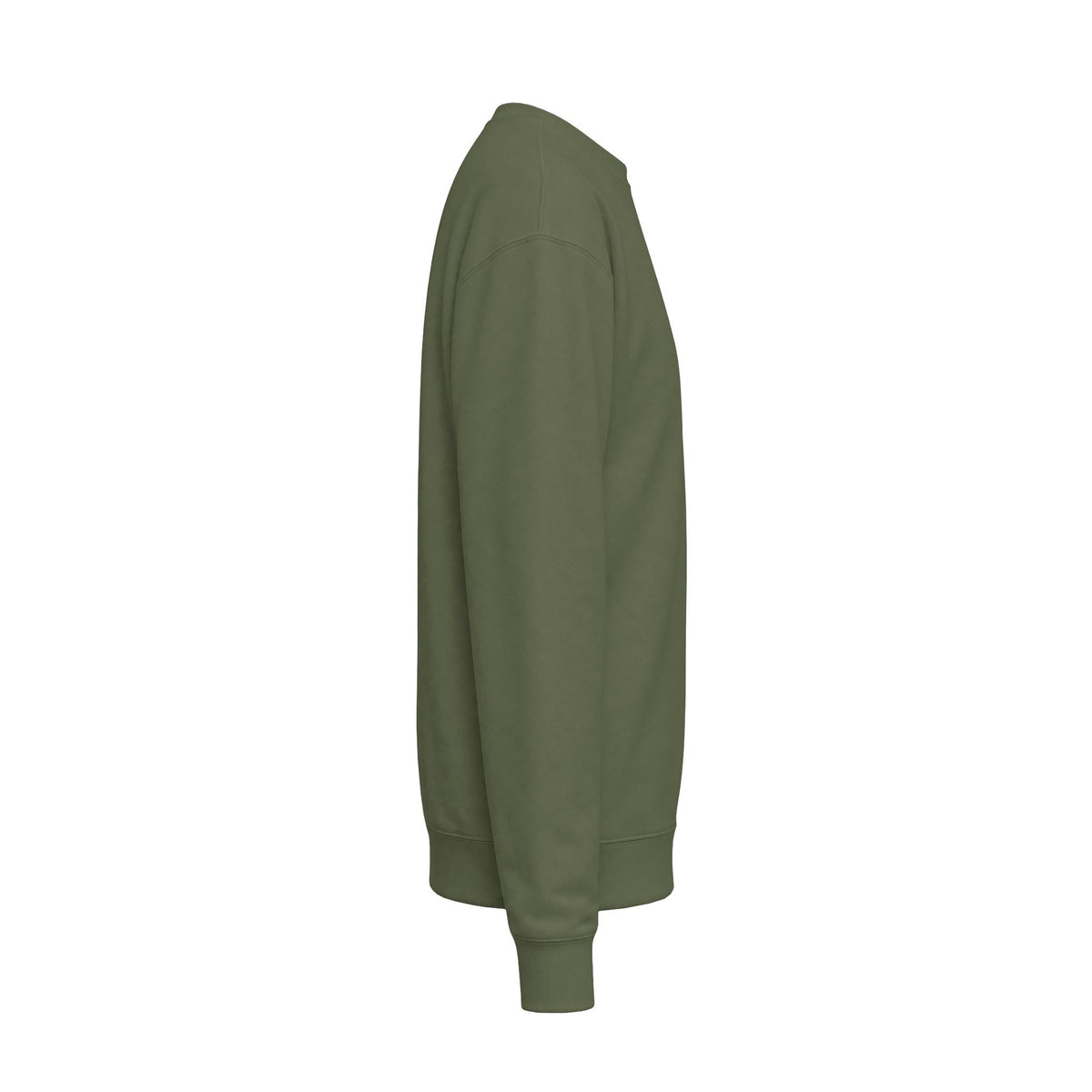 A Military green AUTHENTICHAOS crewneck sweatshirt, shown from a side profile view against a plain white background.