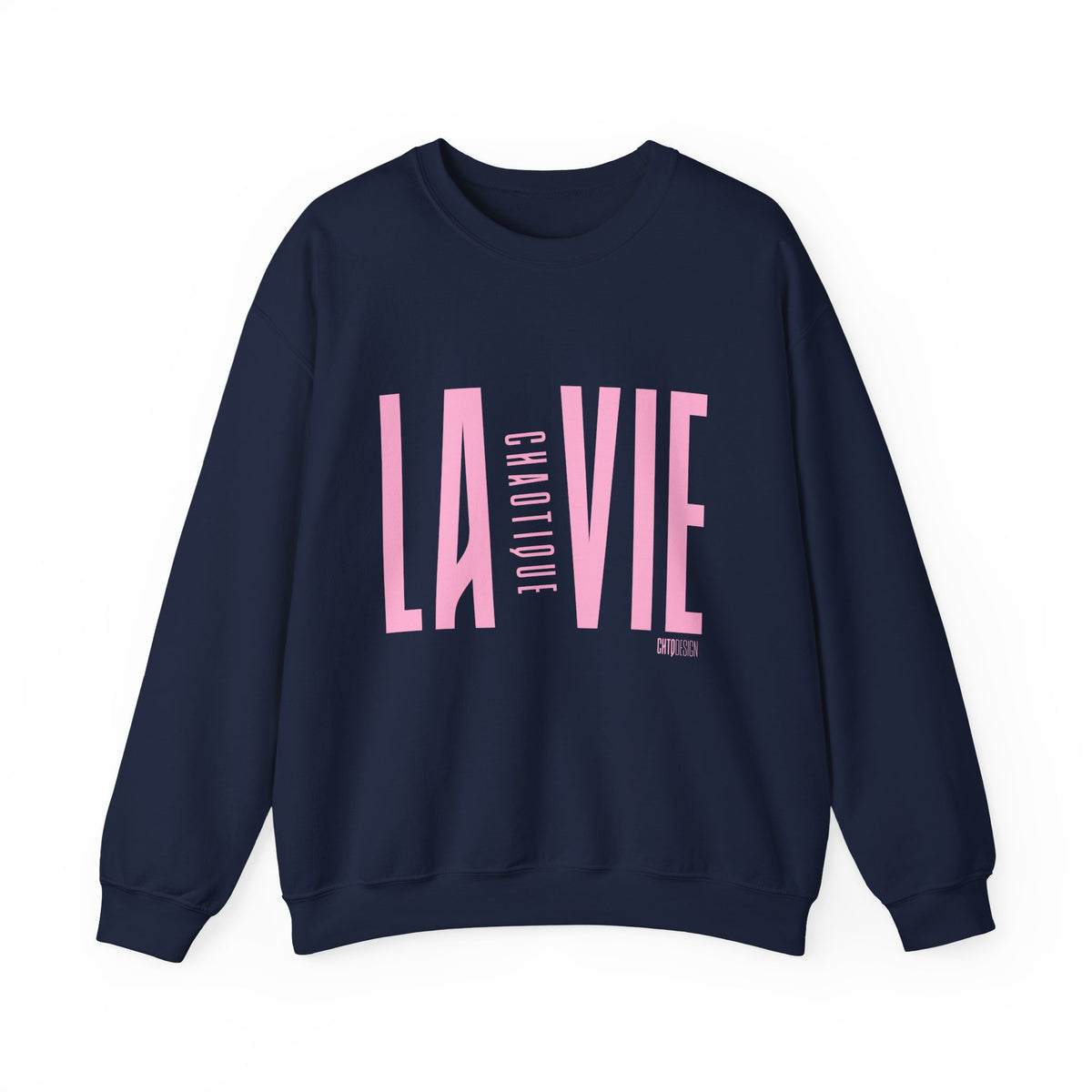 Navy LA VIE CHAOTIQUE crewneck sweatshirt with bold light pink typography on front
