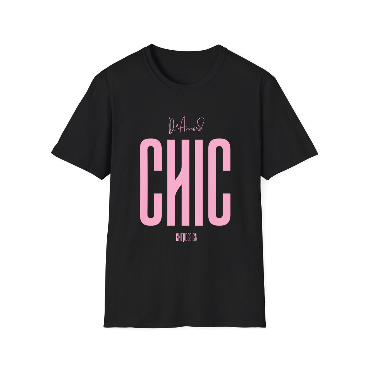Black D’Accord CHIC graphic T-shirt featuring oversized light pink CHIC typography and handwritten detail.