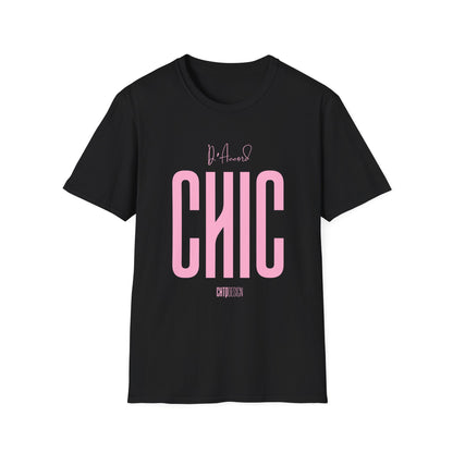 Black D’Accord CHIC graphic T-shirt featuring oversized light pink CHIC typography and handwritten detail.