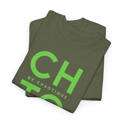 Folded military green CHTQ BY CHAOTIQUE graphic T-shirt featuring a green typographic front print, displayed against a clean white background.