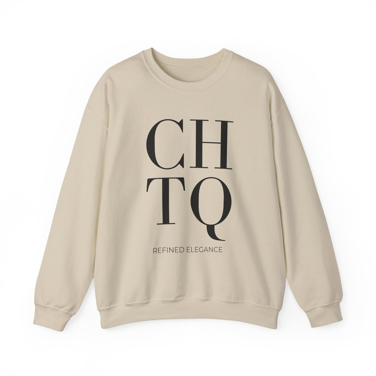 A beige crewneck sweatshirt with a black graphic print on the front reading 'CHTQ' and 'REFINED ELEGANCE' underneath, displayed on a clean white background.