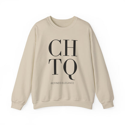 A beige crewneck sweatshirt with a black graphic print on the front reading 'CHTQ' and 'REFINED ELEGANCE' underneath, displayed on a clean white background.