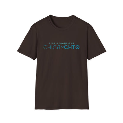 A dark brown short-sleeve crewneck T-shirt featuring turquoise “CHIC BY CHTQ” text with “REBELLE DANS L’ÂME” above, displayed against a clean white background.