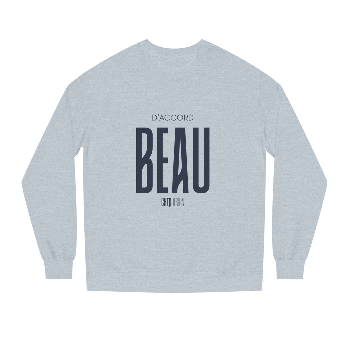 Male model wearing a black D’Accord BEAU men's crewneck sweatshirt with cream typography and black trousers against a white studio background.