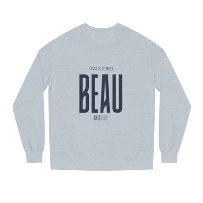 Male model wearing a black D’Accord BEAU men's crewneck sweatshirt with cream typography and black trousers against a white studio background.