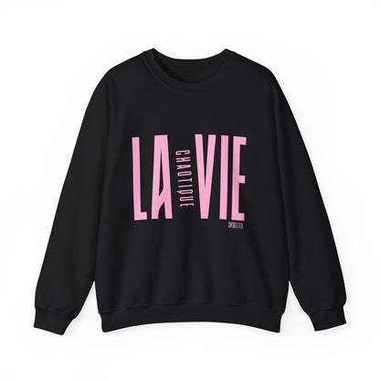 Black LA VIE CHAOTIQUE crewneck sweatshirt with bold light pink front lettering