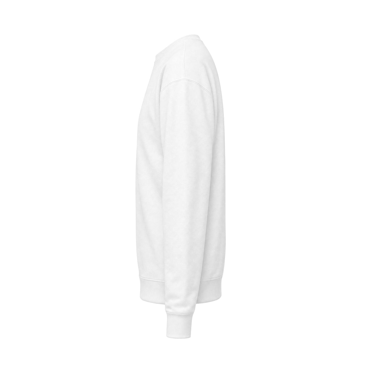 A White AUTHENTICHAOS crewneck sweatshirt, plain back view white crewneck sweatshirt shown from a side profile view against a solid white background.