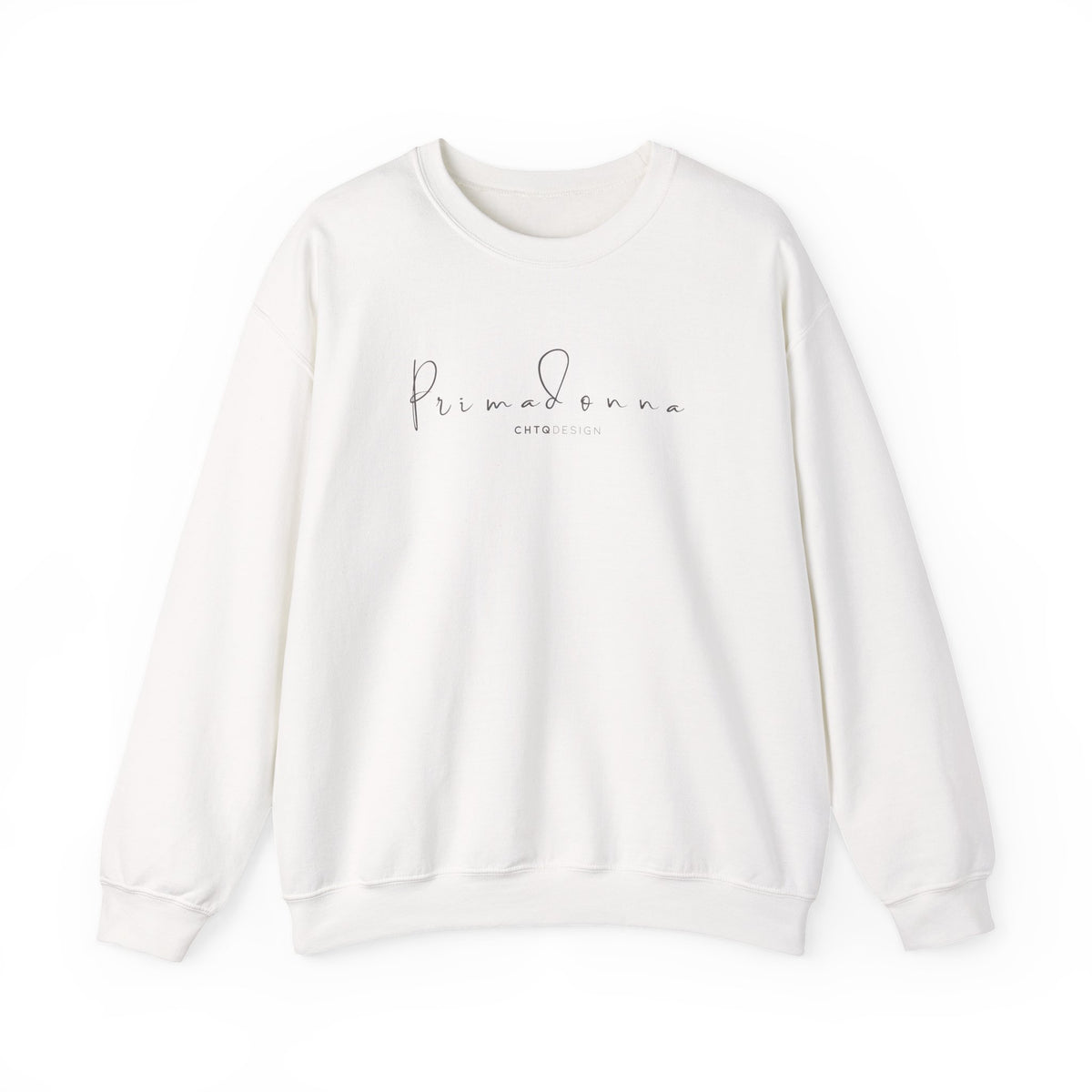 PRIMADONNA by CHTQ Design white crewneck sweatshirt featuring elegant gray handwritten logo on the chest, front view on white background.