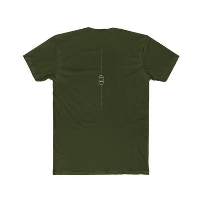 CHTQ Design military green T-shirt with minimalist vertical CHTQ graphic running down the back