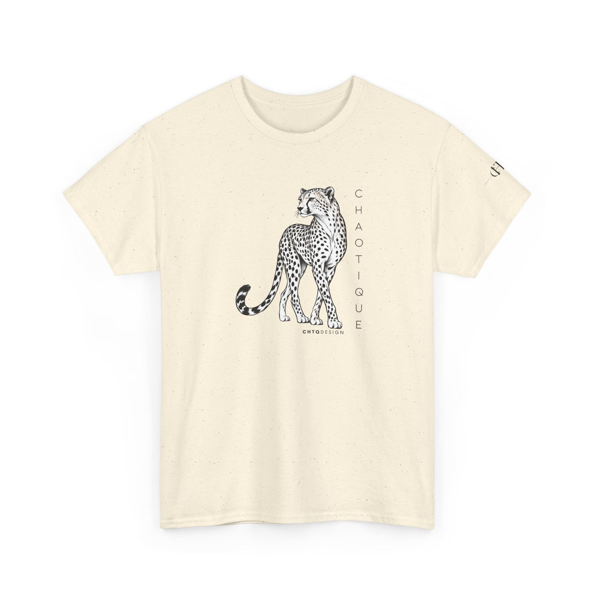 Natural CHAOTIQUE graphic T-shirt with hand-drawn cheetah illustration, vertical CHAOTIQUE text and CHTQ Design details.
