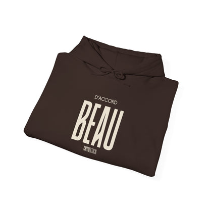 Folded brown D'Accord Beau hoodie with mathematical symbols and text on a white background