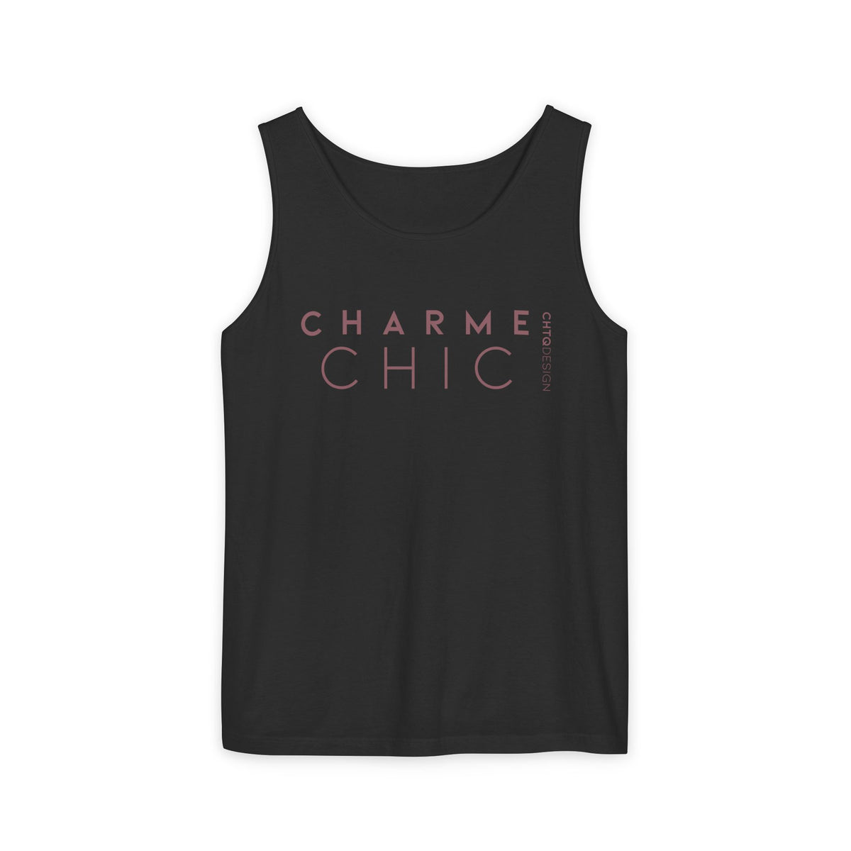CHARME CHIC garment-dyed tank top in black with dusty rose CHTQ Design typography