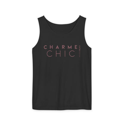 CHARME CHIC garment-dyed tank top in black with dusty rose CHTQ Design typography