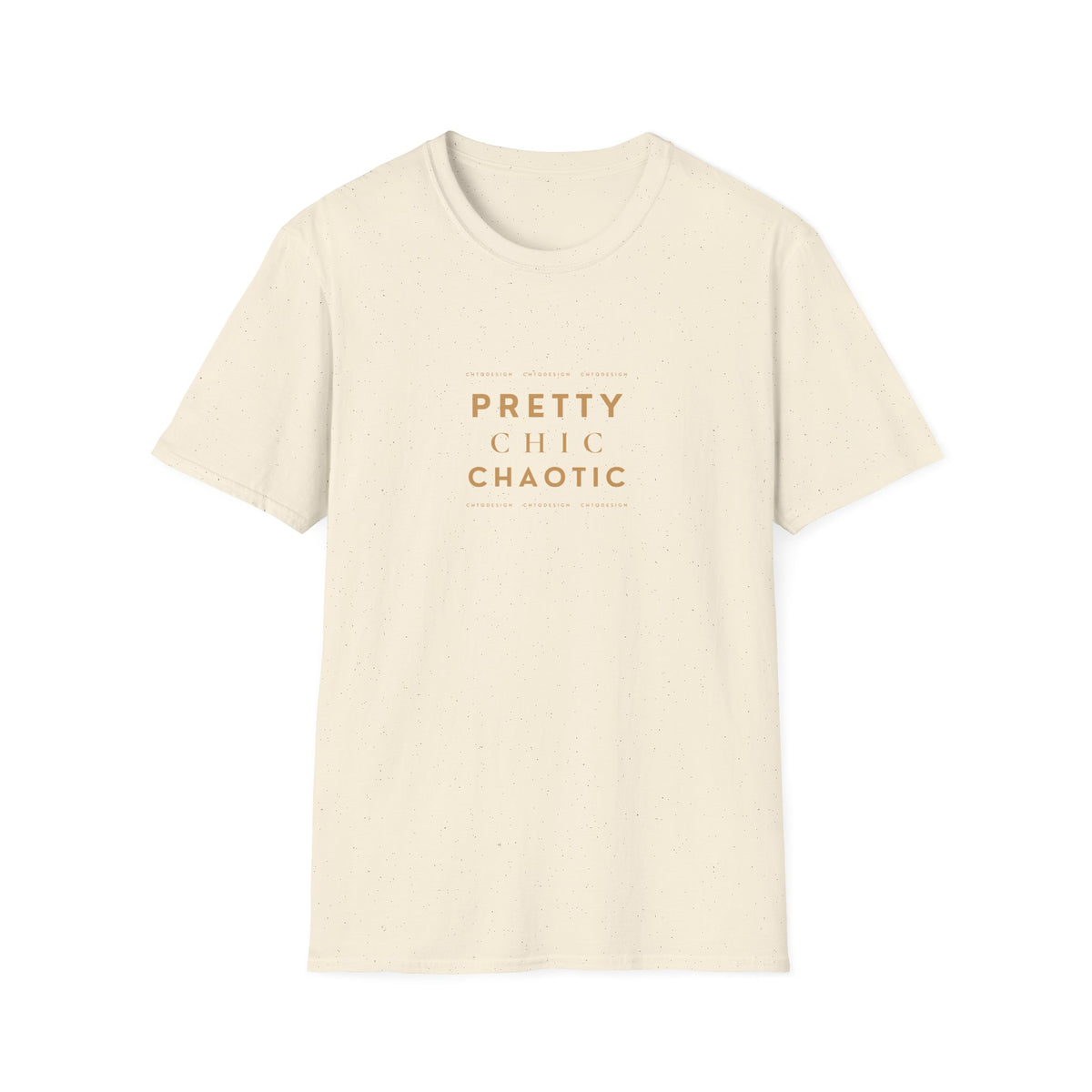 An cream-colored short-sleeve crewneck t-shirt with a textured finish, featuring the words 'PRETTY CHIC CHAOTIC' printed in a muted brownish-orange font on the chest, displayed against a solid white background.