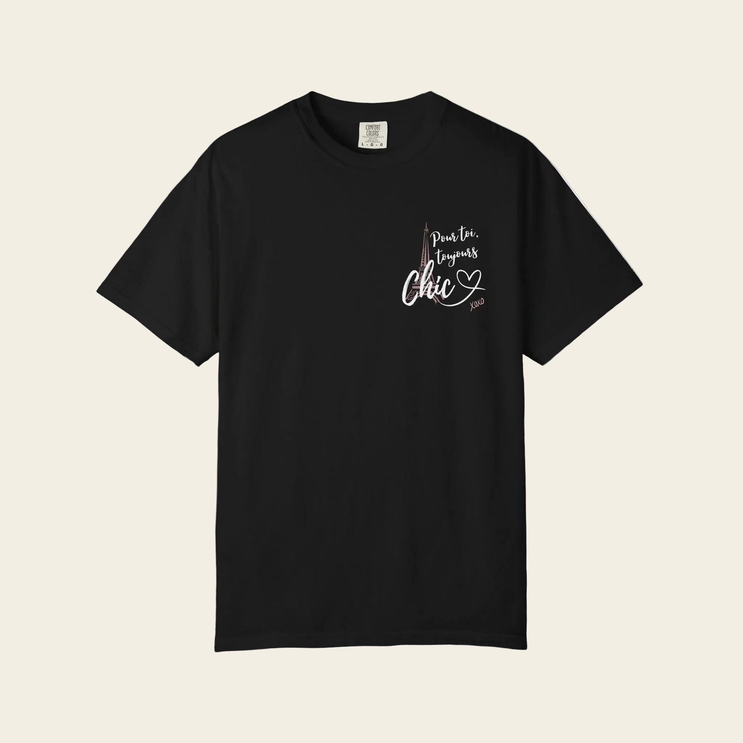 Black t-shirt with a logo on the chest against a white background