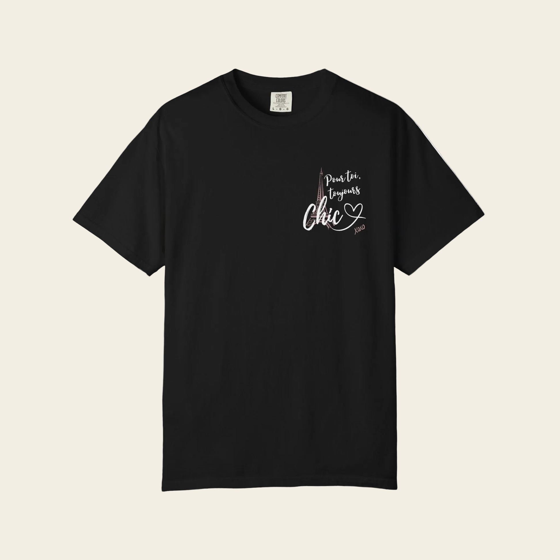 Black t-shirt with a logo on the chest against a white background
