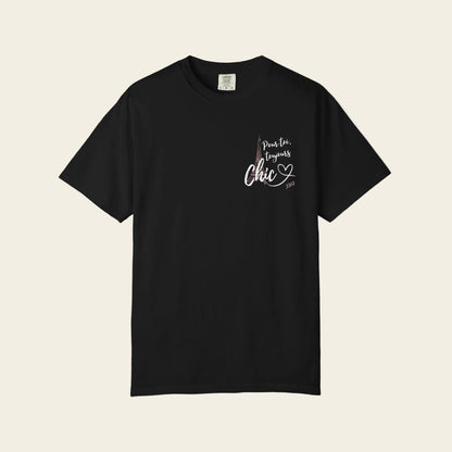 Black t-shirt with a logo on the chest against a white background