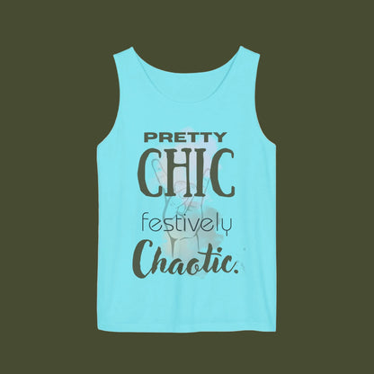 Blue tank top with text 'Pretty chic festively chaotic´