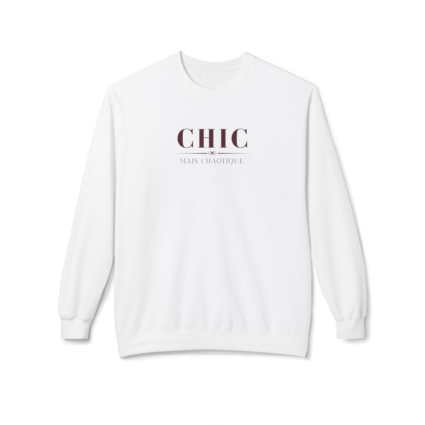 A white crewneck sweatshirt with 'CHIC' and 'MAINT CHIMOTIQUE' printed in dark maroon on the chest, displayed against a clean white background.