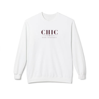 A white crewneck sweatshirt with 'CHIC' and 'MAINT CHIMOTIQUE' printed in dark maroon on the chest, displayed against a clean white background.