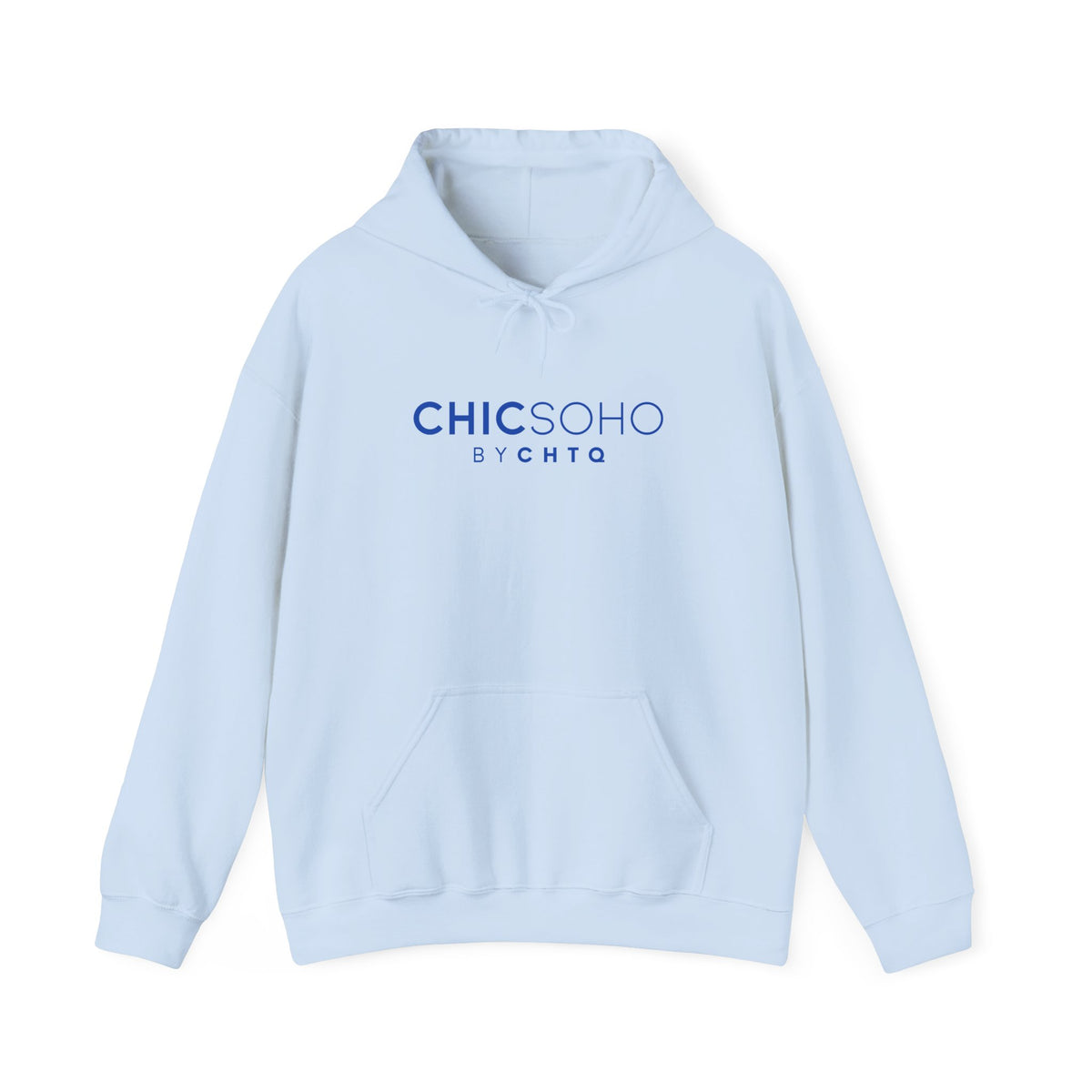 Light blue pullover hoodie with a blue CHICSOHO BY CHTQ logo printed on the chest, displayed on a clean white background.
