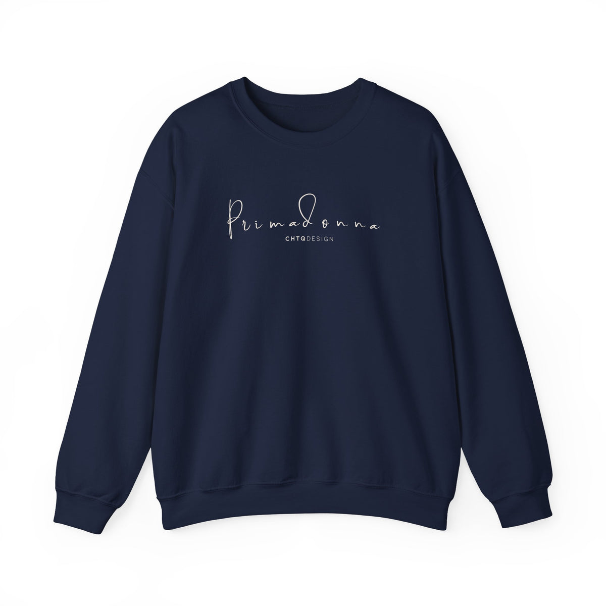 PRIMADONNA by CHTQ Design navy blue crewneck sweatshirt with delicate white script lettering on the chest, front view on white background.